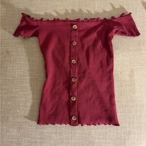 Off-Shoulder Button-Front Ribbed Top in Deep Wine